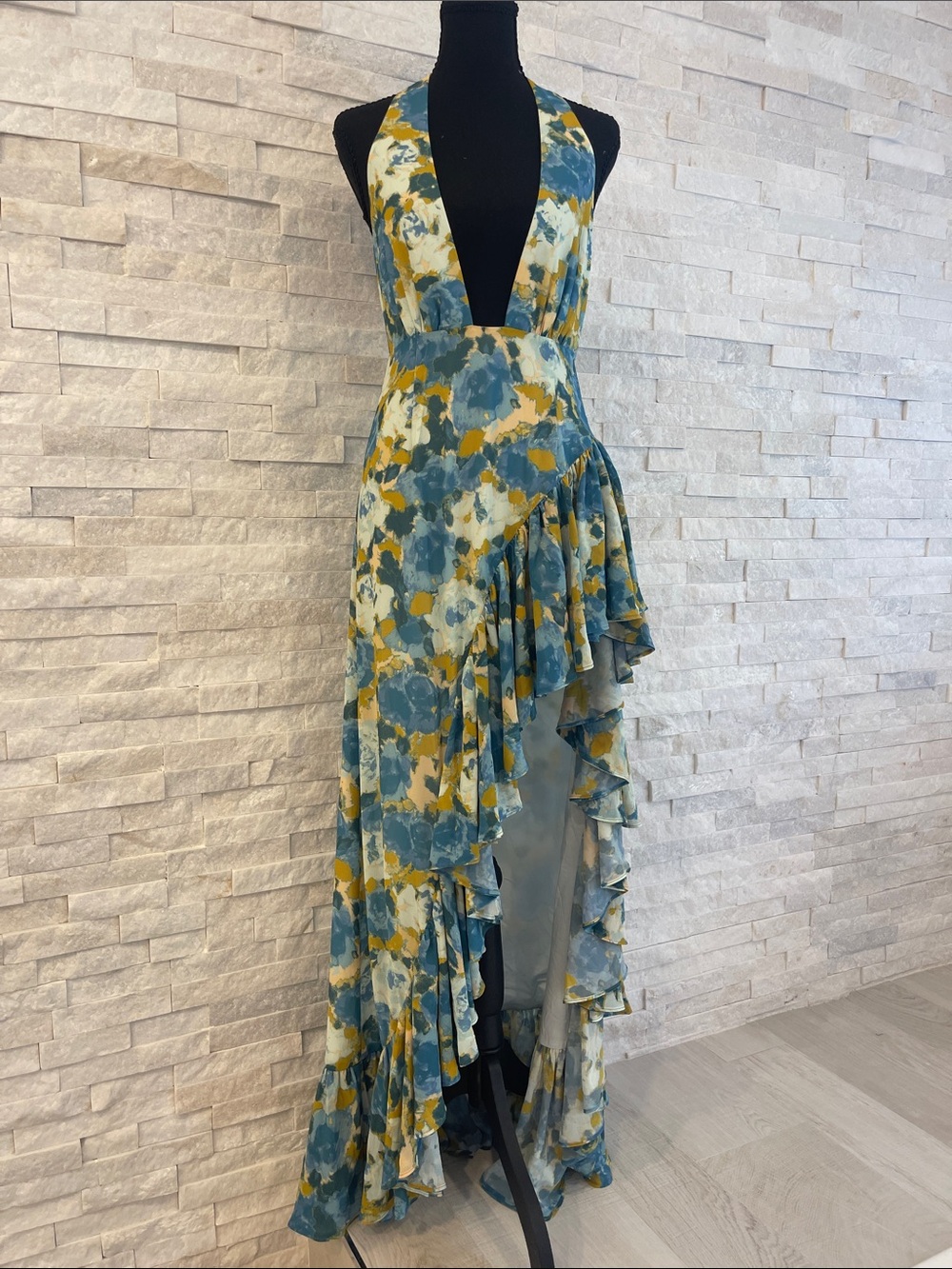 Lovers + Friends Plunging Halter High-Low Dress in Blue & Yellow Floral